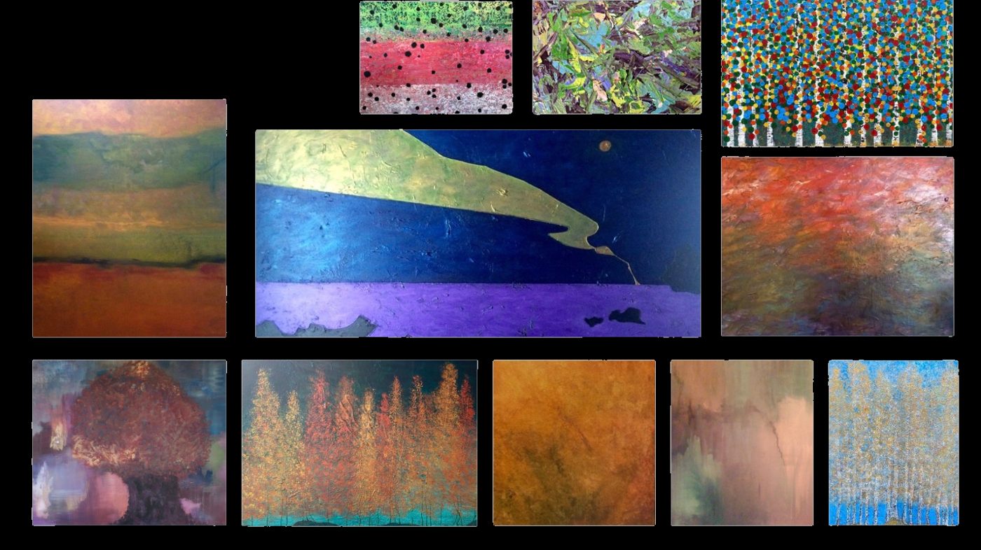 Abstract acrylic landscapes: golden fields, aspens, and blue skies