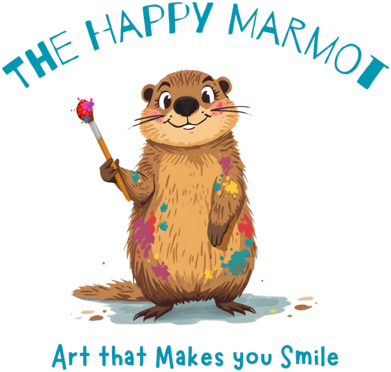 The Happy Marmot: a smiling marmot holding a paintbrush, covered in colorful paint splatters